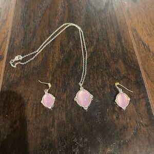 Pink Opal Glass Pendant Necklace and Earring Set - Silver Tone